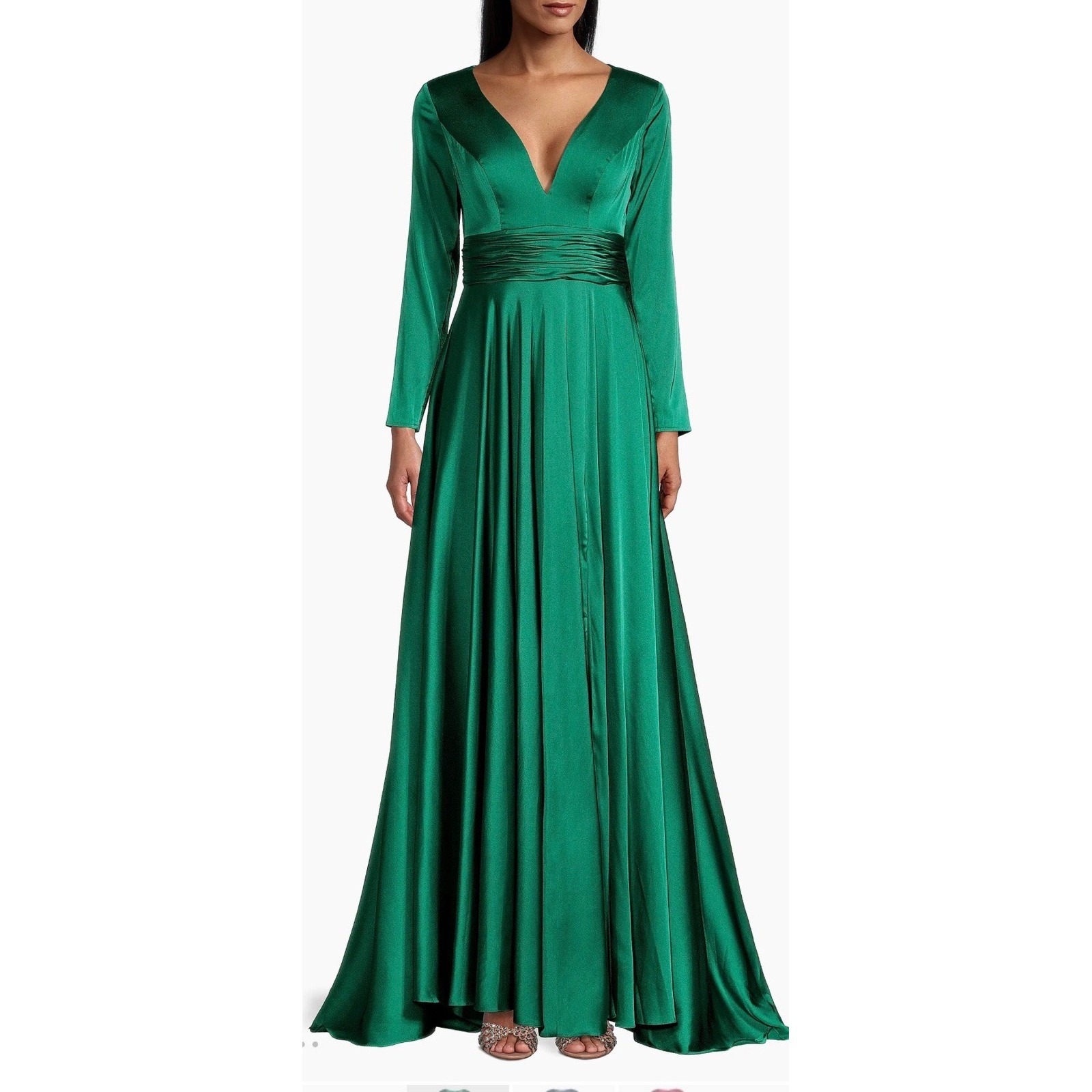 Ieena For Mac Duggal Emerald Green Satin Long Sleeve Gown V-Neck 55245 Eme 6